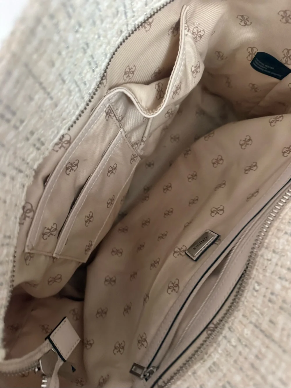 GUESS Cream Tweed Tote with Chain Handles